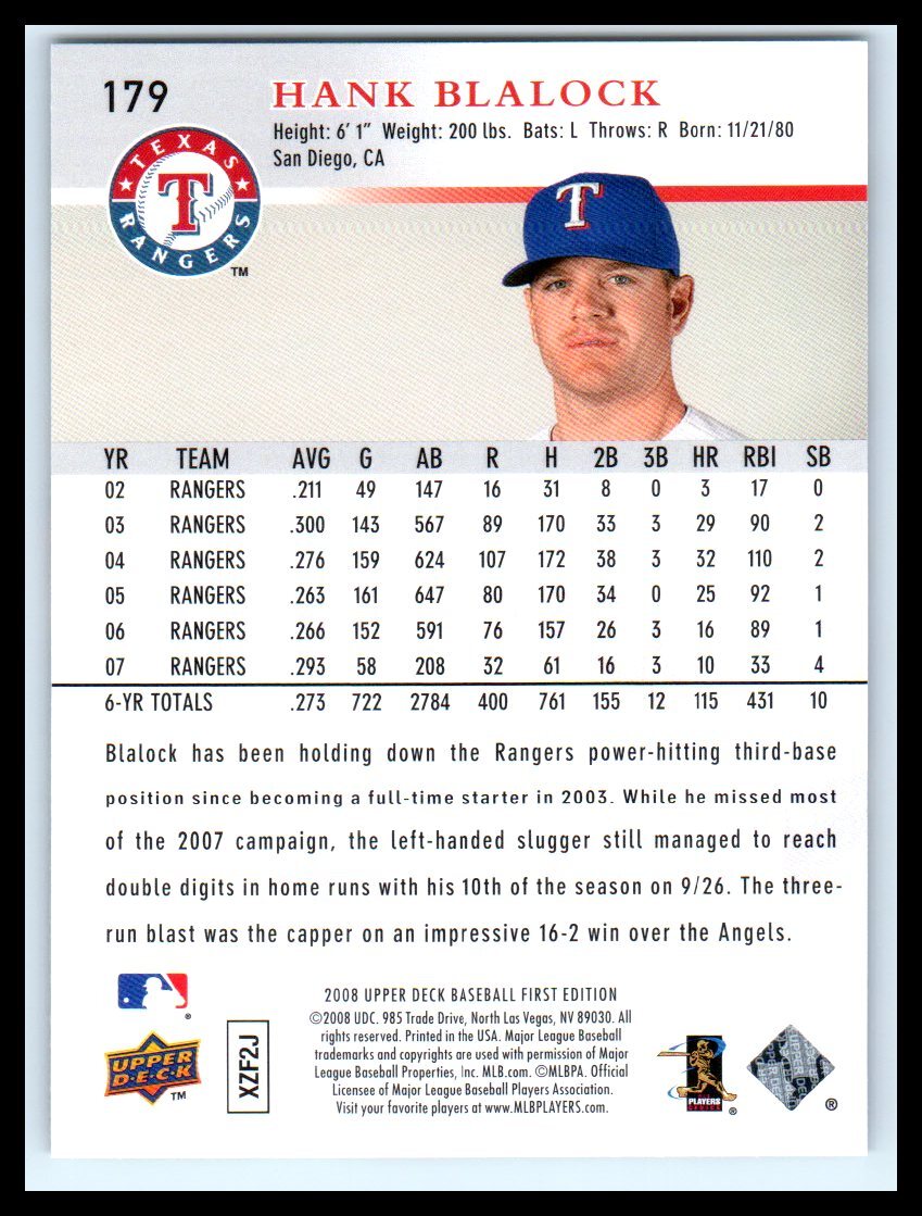 2008 Upper Deck First Edition 179 Hank Blalock Excellent Baseball Card