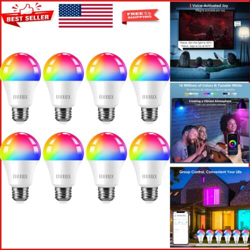 Voice-Activated WiFi Color-Changing Light Bulbs - 900LM, Dimmable LED 8-Pack
