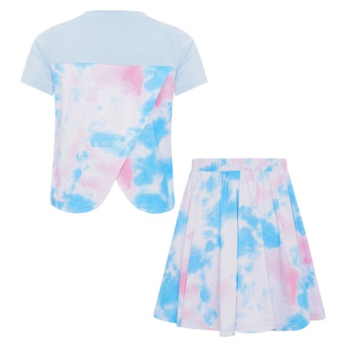 Girls Sports Outfit Tie-Dyed Short Sleeve T-Shirt Skirt Tennis Badminton Workout - Picture 10 of 18