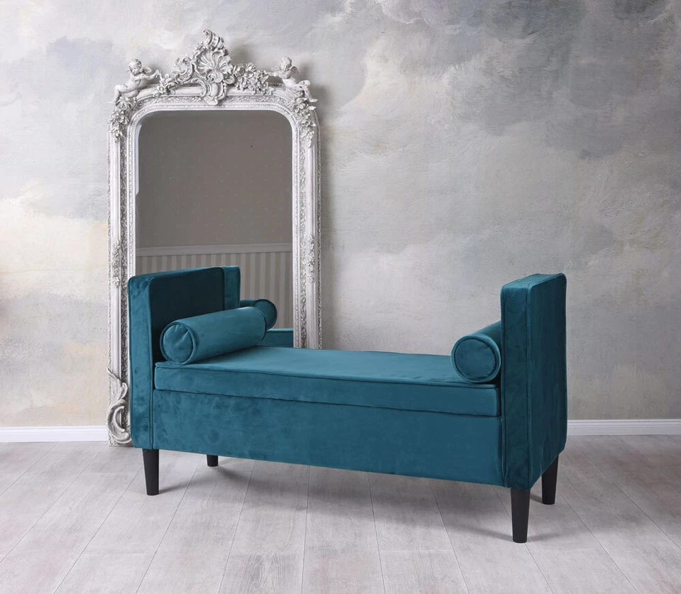 Truhenbank Sofabank Samtbank Hollywood Sitzbank & Kissen Samt Petrol Sitzhocker - Bild 3 von 4