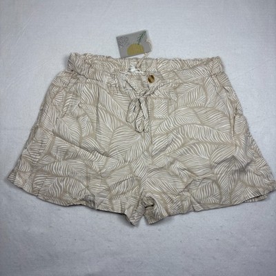 Thread & Supply Eldona Tie Waist Shorts Taupe Ivory Leaf Tropical Small NWT