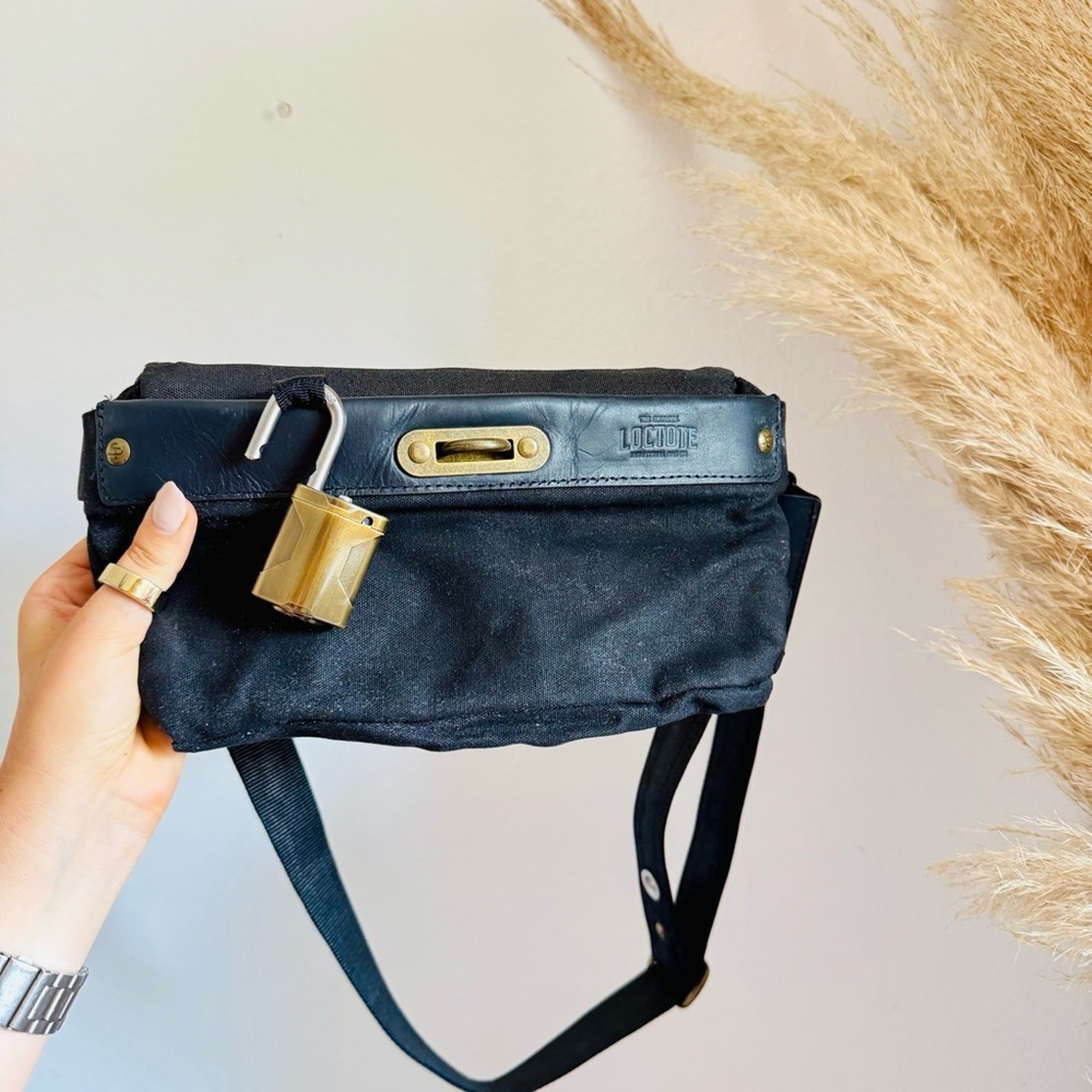 LOCTOTE Washed Black Padlock Crossbody Hip Bum Bag Travel Purse Zip Pockets