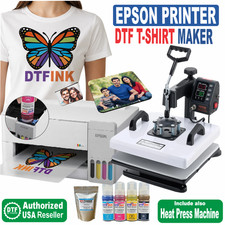 Epson Printer with DTF Ink  Film Plus Heat Transfer Press T-Shirt Print Bundle