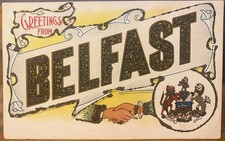 Postcard GREETINGS FROM BELFAST Northern Ireland UK NPO Crest Hands Glitter 1911