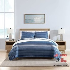 Queen Quilt Set - Reversible Bedding - Dark Blue/Medium Blue - Set of 10