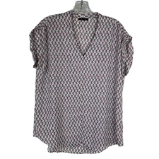 Pleione Womens Blouse Size Small White Pink V-Neck Short Sleeve Chiffon Top