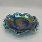 Vintage Blue Carnival Glass Plate 10” Iridescent Diamond Point Ruffled Edge