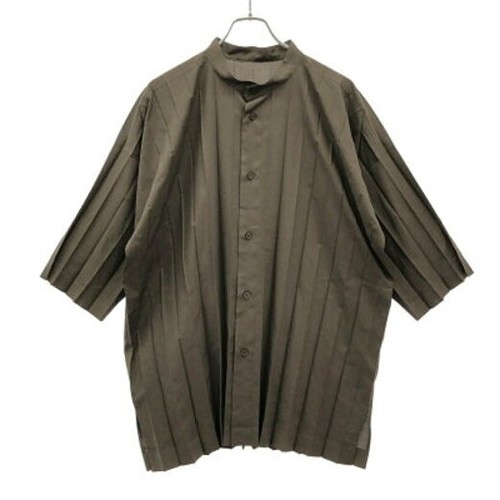 Issey Miyake Men, HOMME PLISSE ISSEY MIYAKE men's Band Collar Pleated Shirt Brown Solid USED