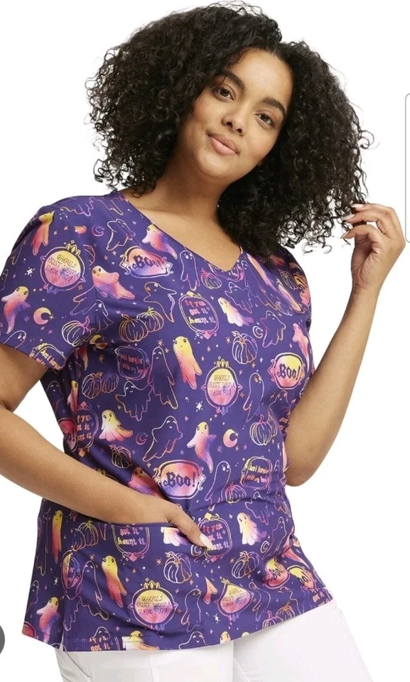 Dickies Hanging With My Boo Scrubs Halloween V Neck Top Medical Women's Med New - Image 3 of 4