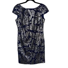 Adrianna Papell 10 Navy Blue Silver Gray Sequin Sheath Dress Cap Sleeve Cocktail