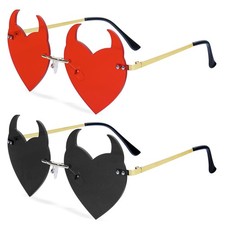 2 Pcs Rimless Devil Ear Heart Shaped Sunglasses Halloween Rave Cosplay Glasses