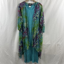 Ulla Popken 2 Pc Set Blue Crinkle Dress Floral Sheer Overlay Duster Womens 16/18