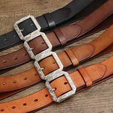 Vintage Floral Carved Top Grain Cowhide Leather Belt Distressed Alloy Buckle