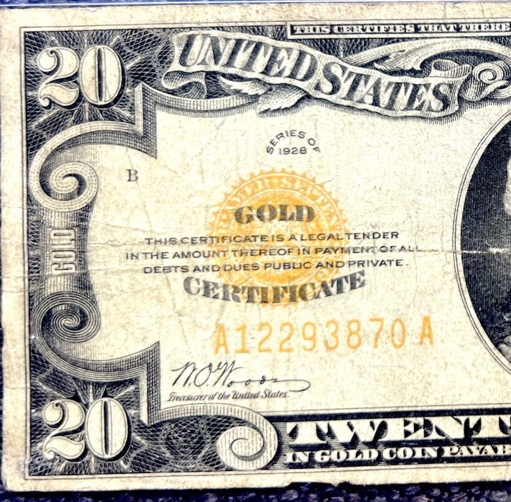 1928 $20 Gold Certificate VF Rate Note US Old Paper Money Auction