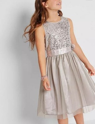 FREEMANS Mädchen Satin Kleid Silber 10 Years Knie Länge Pailletten Ärmellos