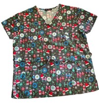 Cassandra O Ho Ho Christmas Print Scrub Top Size XL Pockets V Neck