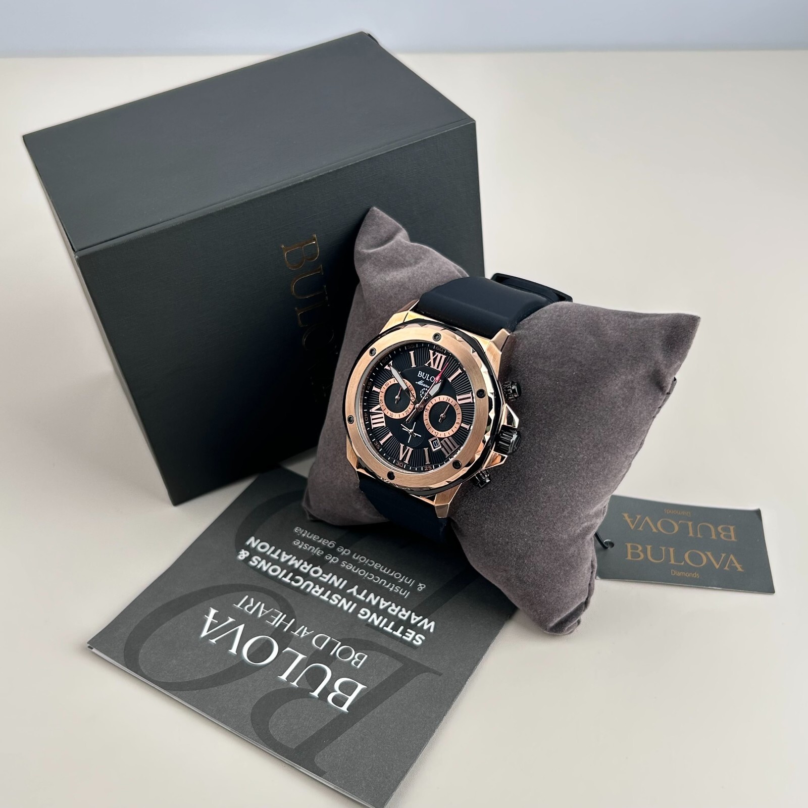 Bulova Men's Marine Star Black Dial with Silicon Band 44mm Quartz Watch 98B104