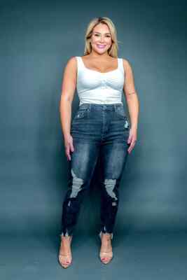 Womens Plus Size Dark Gray Distressed Denim Jeans 3XL Slim Fit Frayed Hem 