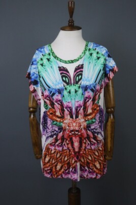 JUST CAVALLI Multicolor Butterfly Diamond Print Round Neck Pullover Tunic Top