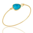 Natural Turquoise Handmade Adjustable Bangle Women Yellow Gold Plated Jewelry