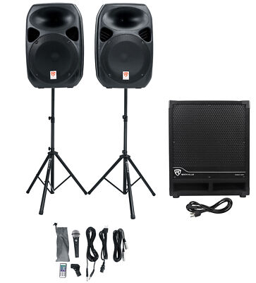 Rockville RPG122K Dual 12'' Active Bluetooth Speakers+Mic+Stands+Subwoofer+Cables