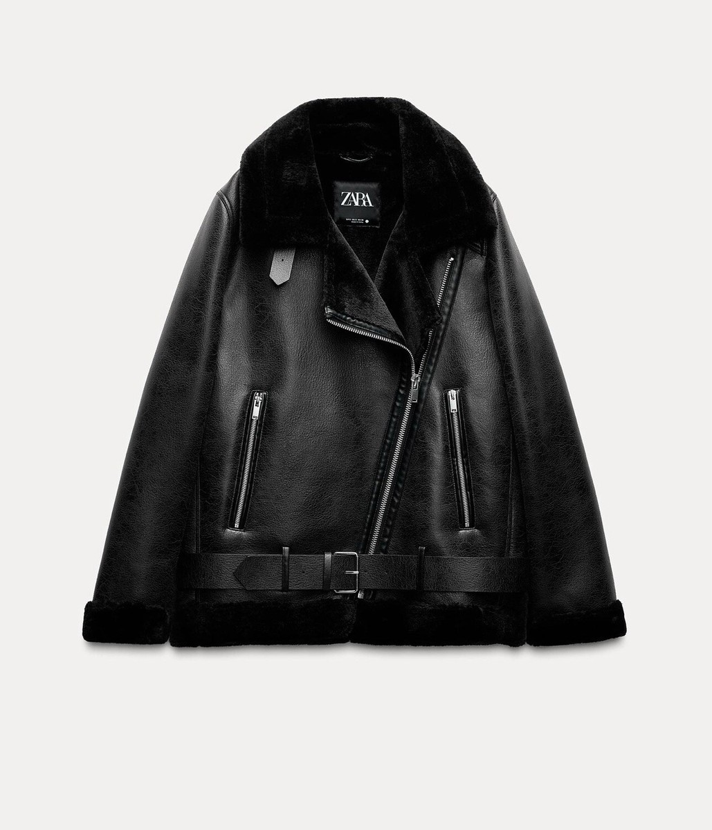 ZARA BLACK FAUX LEATHER SHEARLING FUR DOUBLE FACED BIKER JACKET