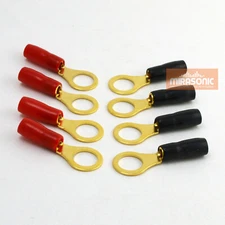 Mirasonic Gold Plated Ring Terminal 10 AWG Gauge 3/8" Stud 8 pcs (4 RED 4BLACK)