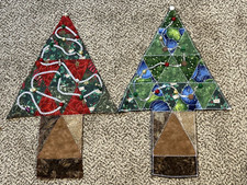 2 Handmade Wall Hanging Art Quilt Decorated Embellished Christmas Trees 23x15
