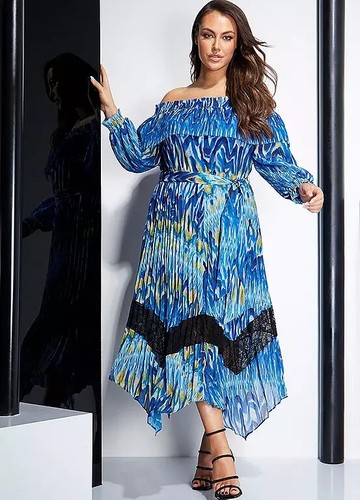 Size 12 Julien Macdonald Blue Print Bardot Pleated Lace Trim Chiffon Midaxi Dres - Picture 6 of 8