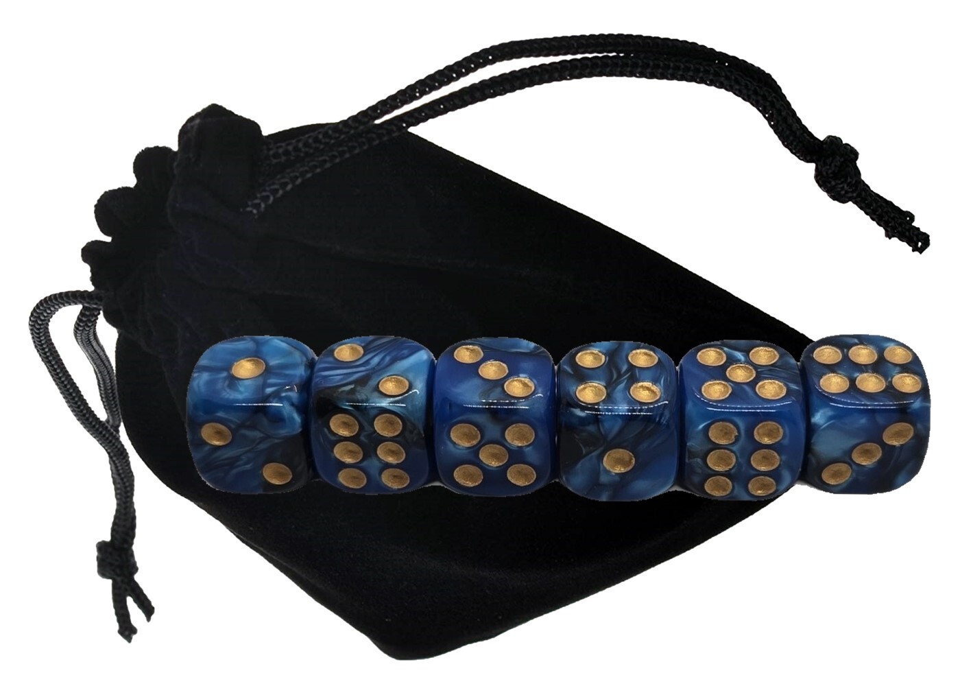 Set of (6) 16mm Pearlized Dual Color Blue Black Dice Gold Pips + Storage Pouch