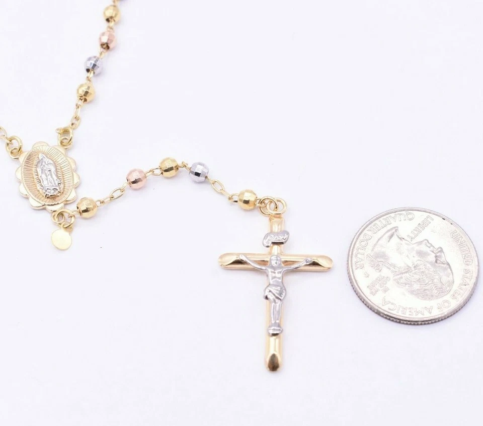 4mm Tri-Color Diamond Cut Cross Rosary Crucifix Necklace Real 10K Tri Color Gold - Image 4 of 4