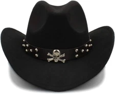Black Western Skull Cowboy, Cowgirl Hat, Skull Strap, Men Women Retro Wide Brim