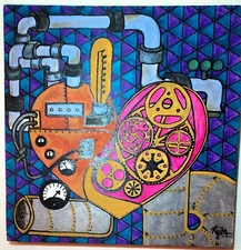 Vintage Signed Ryan Beautifully Colored Acrylic on Raised Board Steampunk Heart