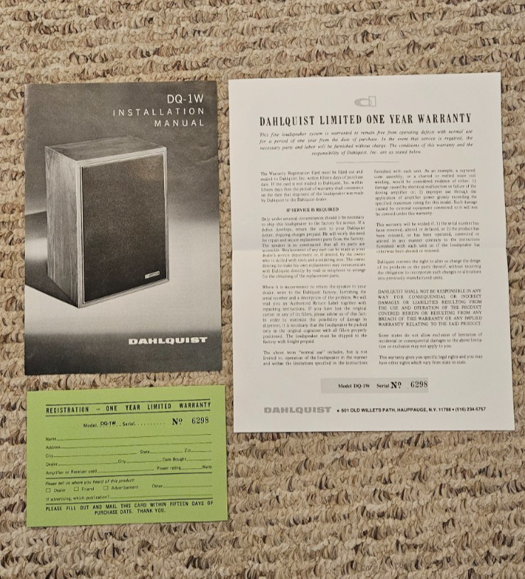 Original Dahlquist DQ-1W Subwoofer Owners Manual, Registrati