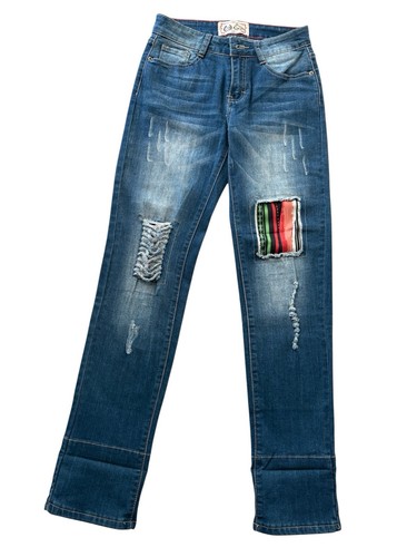 L&B Lucky & Blessed Serape Patch Distressed Denim Jeans Women's Size 4