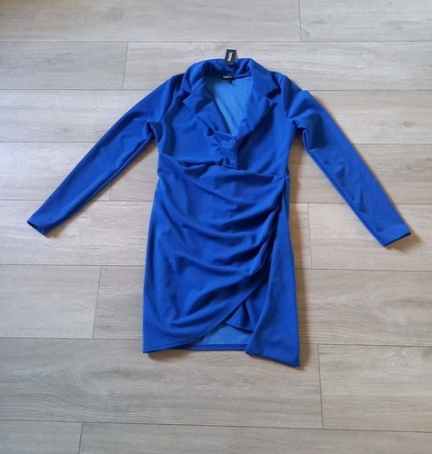 Boohoo Cobalt Blue Mock Wrap Fitted Blazer Dress Stretch BNWT Smart Collar UK14