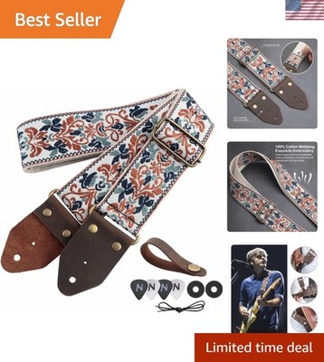 Guitar Strap,Jacquard Embroidery Cotton Guitar Straps with Crazy Horse Leathe...