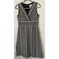 Adrianna Papell Black White Embroidered Linen Blend Fit Flare Dress Size 6