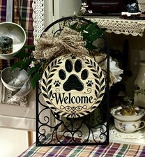Handcrafted Paw Print Welcome Sign, 9x16  x Metal Base, Tin, Burlap Dog CatLovers