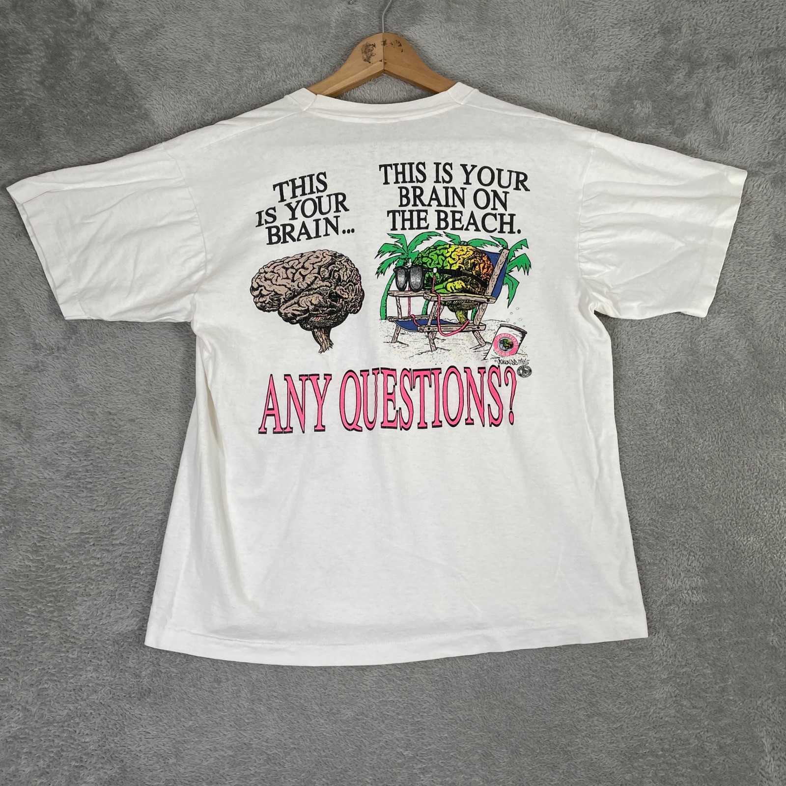Vintage T Shirt Mens Large White Brain Waves Beach Graphic 90s USA