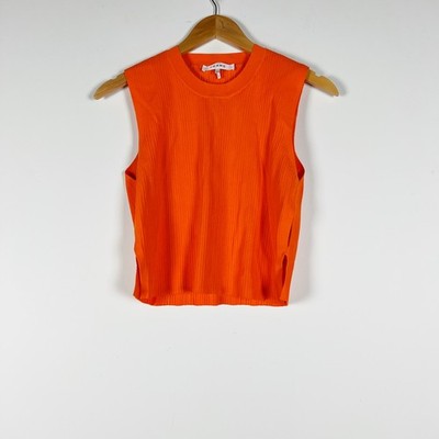 Frame Women's Ribbed Knit Stretch Cut Out Sleeveless Tank Top Bright Tangerine S