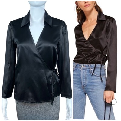 Reformation Long Sleeve Silk Deep V Neck Wrap Blouse Shirt in Black Size S