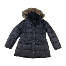London Fog Quilted Down Puffer Jacket Women's Medium Faux Fur Hood Parka Black