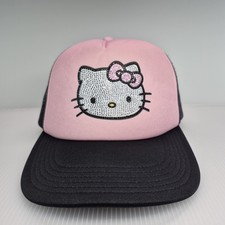Sanrio Hello Kitty Pink  Black Rhinestone Trucker Hat Mesh Back Cap Adjustable