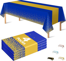 4 Pack Disposable Plastic Table Cloths for Parties,Royal Blue and Gold Rectangle