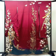 Vintage Japanese Silk Furisode Kimono Burgundy with Gilded Gosho Cart