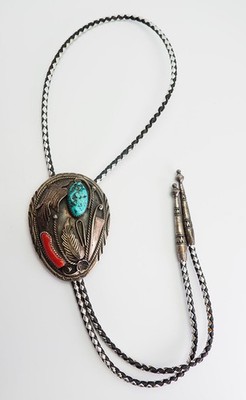 Navajo sterling silver turquoise coral vintage bolo tie necklace Robert Kelley