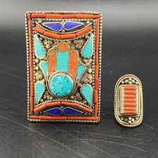 Vintage Fine Authentic Turquoise, Lapis Belt Buckle  Tibeten Silver Ring