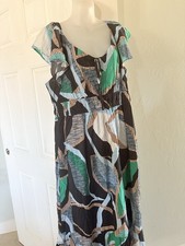 Women's Geometric Maxi Dress Long V-Neck Flutter Sleeve Tie/Ruffle, L