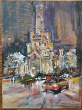 Chicago City Original Painting  9" X 12" Watertower Winter Night